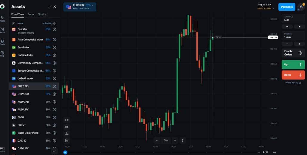 Olymp Trade trading platform interface showing EUR/USD chart and demo account